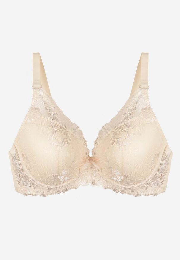 Renee - Jasnobeżowy Koronkowy Biustonosz w Klasycznym Stylu Coralee. Kolor: beżowy. Materiał: koronka. Wzór: aplikacja, gładki