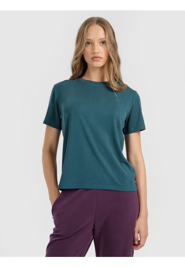 4f - 4F T-shirt z prążkowanej dzianiny z modalem damski - turkusowy L. Okazja: na co dzień. Kolor: turkusowy. Materiał: prążkowany, dzianina. Styl: casual