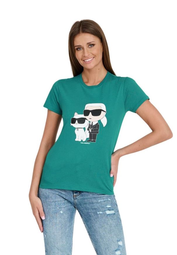Karl Lagerfeld - KARL LAGERFELD Turkusowy damski t-shirt Ikonik 2.0, Rozmiar S. Kolor: niebieski