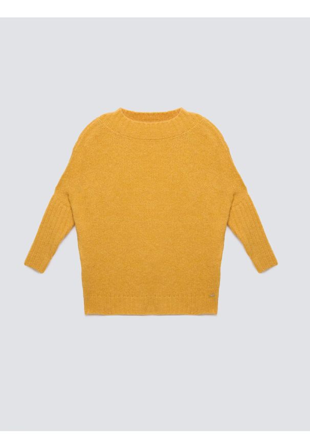 Big-Star - Sweter damski oversize z dodatkiem wełny żółty Mayamiko 201. Kolekcja: plus size. Kolor: żółty. Materiał: wełna. Wzór: ze splotem. Styl: klasyczny, elegancki