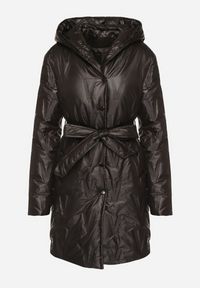 Born2be - Czarna Kurtka z Pikowanymi Przeszyciami Kapturem i Wiązanym Paskiem Erlexie. Okazja: na spacer, na co dzień, na spotkanie biznesowe, do pracy. Kolor: czarny. Materiał: dzianina, jeans. Styl: casual, biznesowy, klasyczny #3