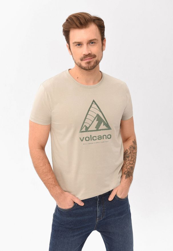 Volcano - Bawełniany t-shirt T-PIK. Okazja: na co dzień. Kolor: beżowy. Materiał: bawełna. Wzór: nadruk. Styl: klasyczny, sportowy, casual