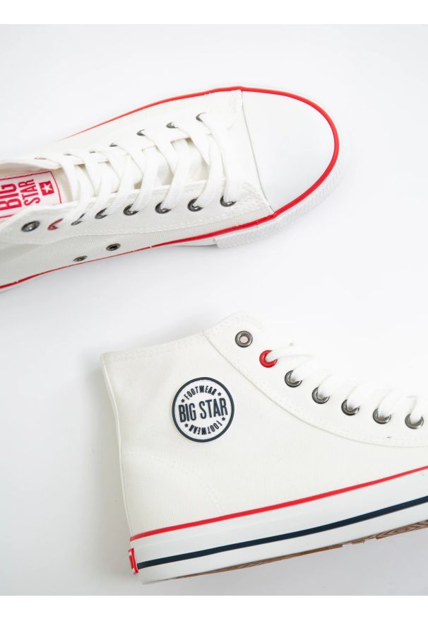 Big-Star - Trampki damskie wysokie białe JJ274A505 101. Zapięcie: pasek. Kolor: biały. Materiał: guma, bawełna. Szerokość cholewki: normalna. Wzór: aplikacja