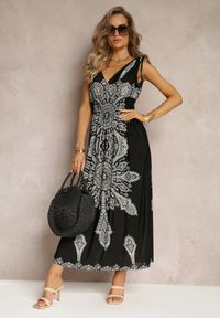 Renee - Czarna Długa Sukienka z Wzorem Boho Sznurkami na Ramionach i Gumką w Pasie Hideni. Kolor: czarny. Styl: boho. Długość: maxi