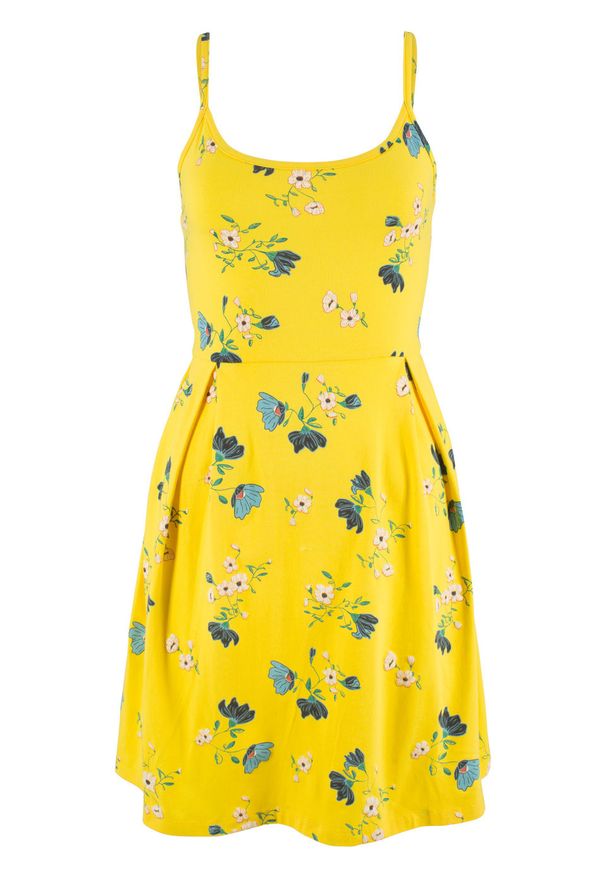 Sukienka z dżerseju z nadrukiem bonprix żółty cytrynowy w kwiaty. Kolor: żółty. Materiał: jersey. Długość rękawa: na ramiączkach. Wzór: nadruk, kwiaty