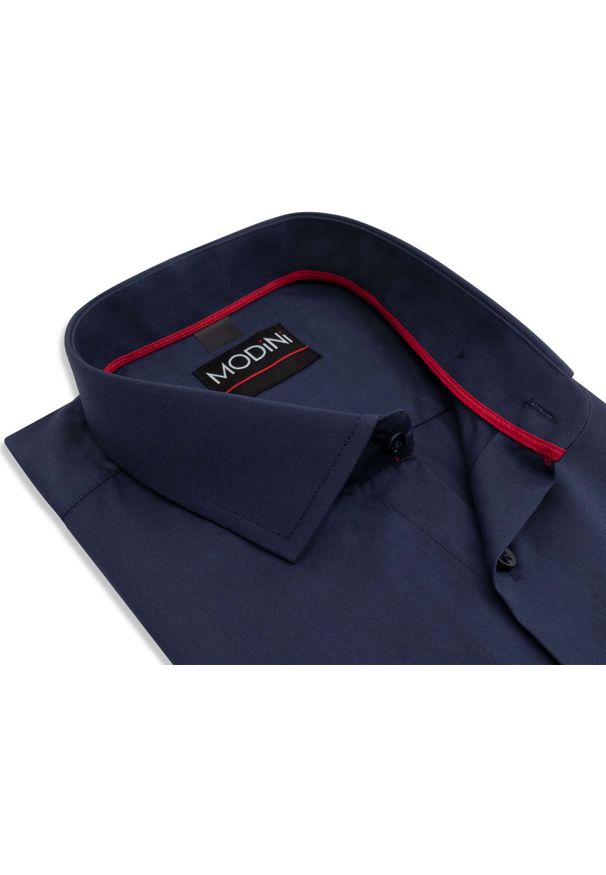 Modini - Granatowa gładka koszula męska Y37. Kolor: niebieski. Materiał: bawełna, poliester, tkanina. Wzór: gładki