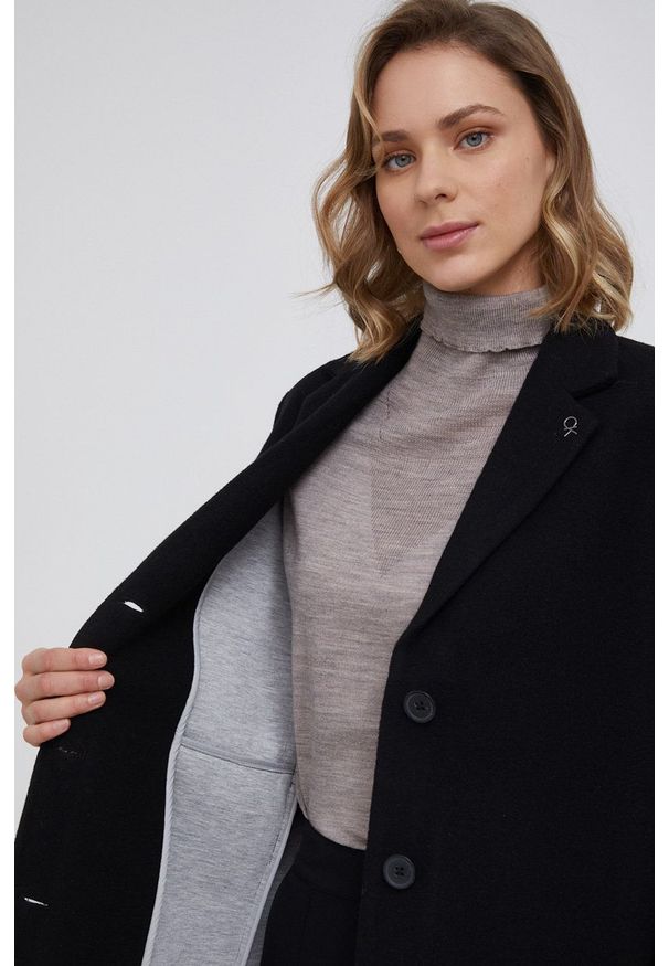 Calvin Klein Płaszcz wełniany kolor czarny przejściowy. Okazja: na co dzień. Kolor: czarny. Materiał: wełna. Wzór: gładki. Styl: klasyczny, casual