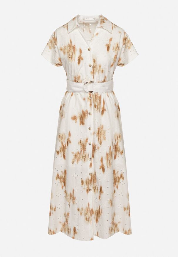 Born2be - Biało-Pomarańczowa Ażurowa Sukienka z Bawełny o Koszulowym Kroju z Paskiem Melpio. Okazja: na co dzień. Kolor: biały. Materiał: bawełna. Wzór: ażurowy. Typ sukienki: koszulowe. Styl: casual, klasyczny, elegancki