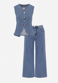 Born2be - Niebieski Bawełniany Komplet Denimowy Szerokie Jeansy i Kamizelka na Guziki Kathixa. Kolor: niebieski. Materiał: bawełna, jeans #7