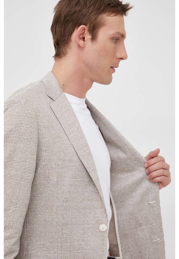 BOSS marynarka lniana męska kolor beżowy. Kolor: beżowy. Materiał: len. Styl: klasyczny