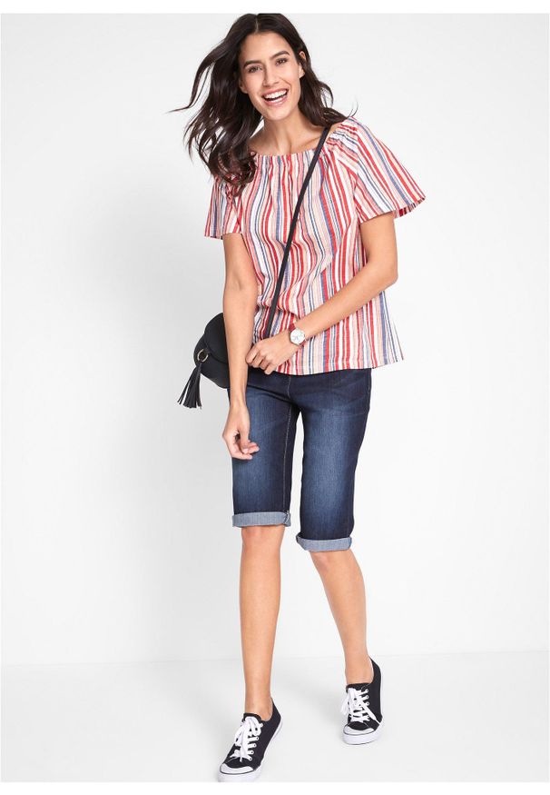 bonprix - Bermudy dżinsowe ze stretchem i wygodnym paskiem. Kolor: niebieski