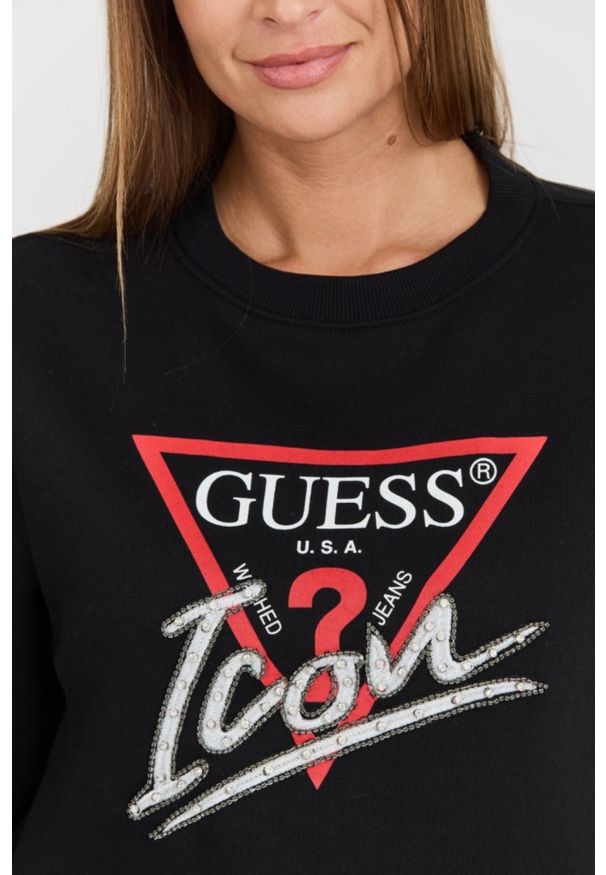 Guess - GUESS Czarna damska bluza Icon z dużym logo. Okazja: na co dzień. Kolor: czarny. Materiał: poliester, materiał, bawełna. Długość rękawa: długi rękaw. Długość: długie. Styl: casual