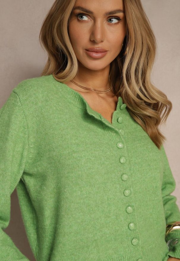 Renee - Jasnozielony Rozpinany Kardigan z Wełną Kornelira. Okazja: na co dzień. Kolor: zielony. Materiał: wełna. Styl: elegancki, casual