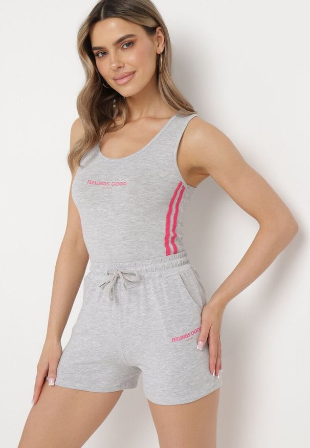 Born2be - Szary Bawełniany Komplet Fitnessowy Top i Szorty z Gumką w Pasie Oaphne. Kolor: szary. Materiał: bawełna