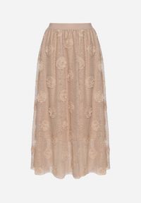 Born2be - Beżowa Rozkloszowana Spódnica ze Strukturalnej Tkaniny z Gumką w Talii Folenne. Okazja: na co dzień. Kolor: beżowy. Materiał: tkanina. Styl: elegancki, casual