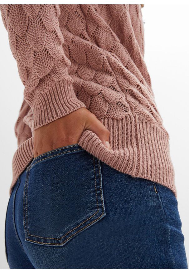 bonprix - Sweter ażurowy w optyce kopertowego. Kolor: różowy. Wzór: ażurowy