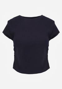 Renee - Granatowy Dopasowany T-shirt z Marszczeniem z Bawełnianej Tkaniny w Prążki Assarena. Okazja: na co dzień. Kolor: niebieski. Materiał: bawełna, tkanina. Wzór: prążki. Styl: casual, elegancki #3