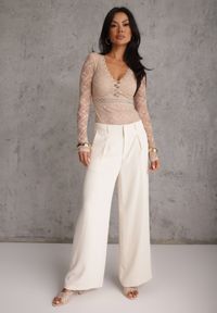 Renee - Beżowe Body z Koronkowego Materiału z Głębokim Dekoltem Mehika. Kolor: beżowy. Materiał: materiał, koronka #6