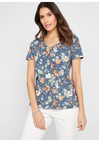 bonprix - Shirt z bawełny organicznej z nadrukiem, krótki rękaw. Typ kołnierza: dekolt w serek. Kolor: niebieski. Materiał: bawełna. Długość rękawa: krótki rękaw. Długość: krótkie. Wzór: nadruk #1