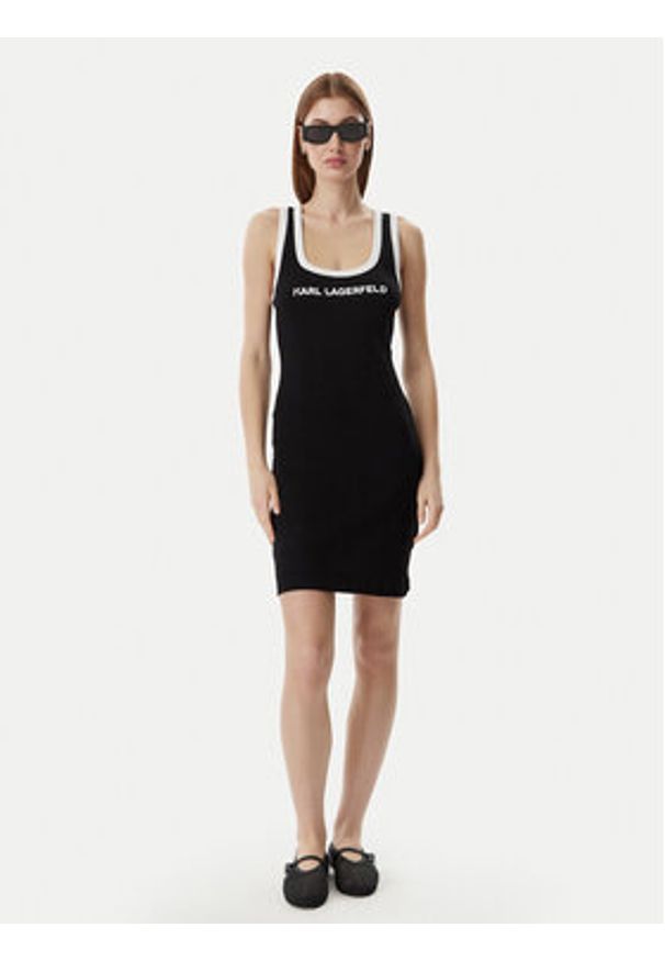 Karl Lagerfeld - KARL LAGERFELD Sukienka codzienna B2W46087 Czarny Slim Fit. Okazja: na co dzień. Typ kołnierza: dekolt w karo. Kolor: czarny. Materiał: bawełna. Typ sukienki: proste. Styl: casual