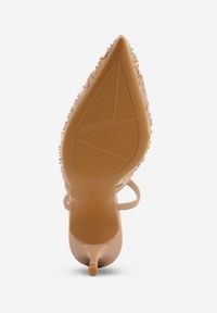 Renee - Ciemnobeżowe Cekinowe Czółenka VICES Slingback na Szpilce z Noskiem w Szpic Ozdobione Perłami i Koralikami Kleomene. Kolor: beżowy. Materiał: jeans. Wzór: aplikacja. Obcas: na szpilce. Styl: elegancki #6