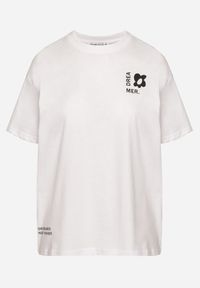 Born2be - Biało-Niebieski Bawełniany T-shirt z Napisami Hallena. Okazja: na co dzień, na spotkanie biznesowe. Kolor: biały. Materiał: bawełna. Wzór: napisy. Styl: biznesowy, klasyczny, elegancki, casual #7