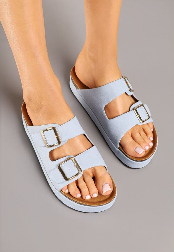 Born2be - Niebieskie Klapki na Grubej Podeszwie z Regulowanymi Paskami z Klamrami Tenarosea. Okazja: na co dzień. Kolor: niebieski. Styl: casual