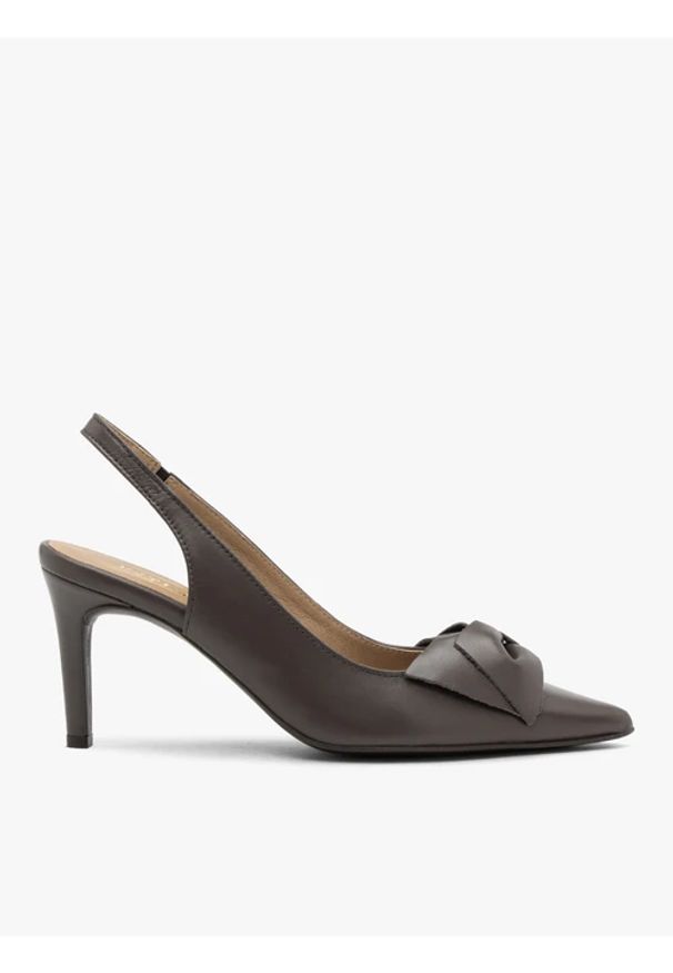 Ryłko - Szare czółenka slingback z kokardą. Kolor: szary. Materiał: skóra. Obcas: na obcasie. Styl: wizytowy, klasyczny, street, elegancki. Wysokość obcasa: średni