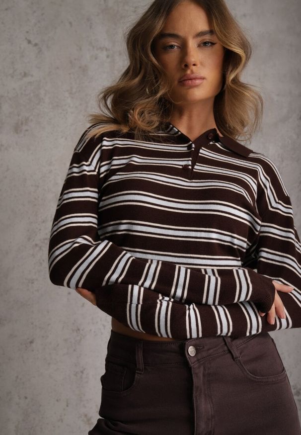 Renee - Brązowy Pasiasty Sweter z Kołnierzem i Guzikami Marlea. Okazja: na randkę. Kolor: brązowy. Materiał: skóra, wiskoza, jeans. Styl: klasyczny, elegancki