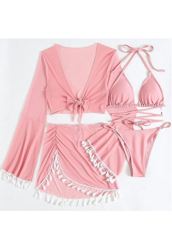 Intica - Komplet bikini z pareo i wielofunkcyjnym topem na plażę Maili. Kolor: różowy. Materiał: materiał. Wzór: aplikacja