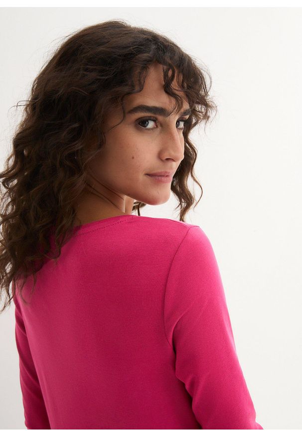 bonprix - Bluzka z długim rękawem z czystej bawełny organicznej. Kolor: różowy. Materiał: bawełna. Długość rękawa: długi rękaw. Długość: długie. Wzór: prążki