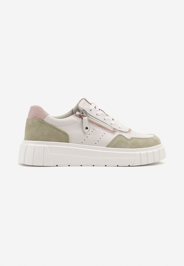 Renee - Biało-Zielone Sneakersy ze Skóry Naturalnej z Ozdobnym Suwakiem Tilliraya. Okazja: na co dzień. Kolor: biały. Materiał: skóra. Wzór: aplikacja