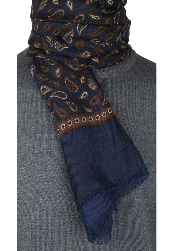 V. Fraas - Szalik Elegancki Przejściowy, Cienki, Granatowo-Brązowy w Paisley -V.Fraas. Kolor: beżowy, brązowy, wielokolorowy. Materiał: poliester. Wzór: paisley. Styl: elegancki