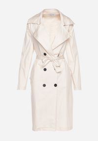 Born2be - Beżowy Płaszcz Dwurzędowy Typu Trencz z Wiązanym Paskiem Levita. Okazja: na co dzień. Kolor: beżowy. Materiał: materiał. Wzór: aplikacja. Styl: klasyczny, casual #4