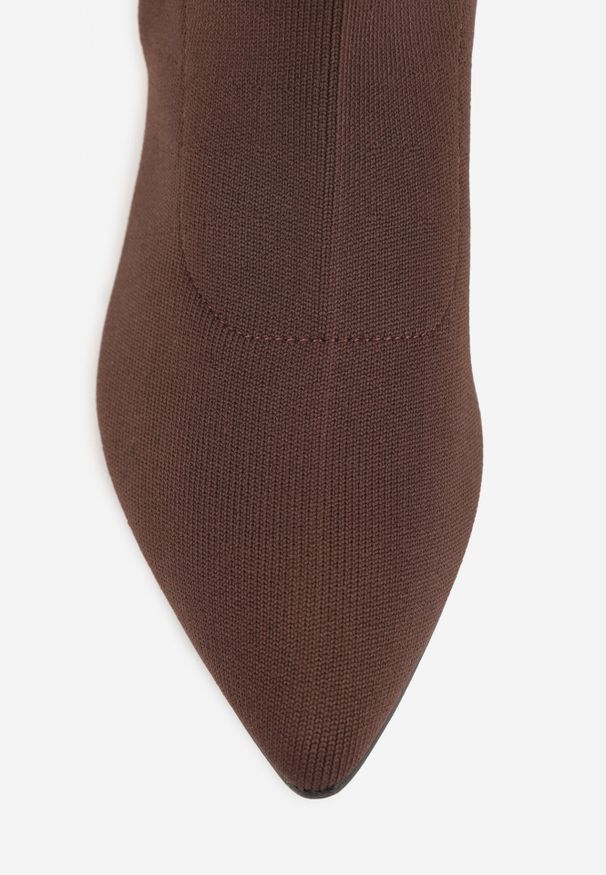 Born2be - Brązowe Botki Vices na Metalicznej Szpilce Kaczuszce ze Skarpetową Cholewką Vamige. Okazja: na co dzień. Kolor: brązowy. Materiał: jeans. Szerokość cholewki: normalna. Obcas: na szpilce. Styl: casual, klasyczny