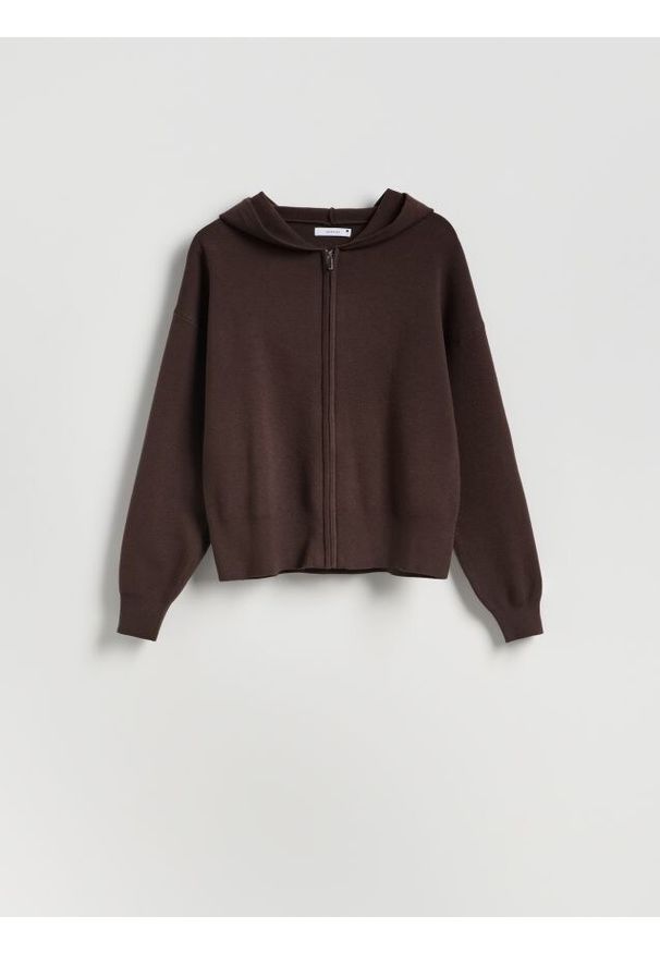 Reserved - Rozpinany sweter z kapturem - brązowy. Typ kołnierza: kaptur. Kolor: brązowy. Materiał: wiskoza, dzianina
