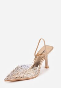 Renee - Szampańskie Szpilki z Odkrytą Piętą i Transparentnym Noskiem z Cyrkoniami Kalinata. Okazja: na co dzień. Kolor: złoty. Materiał: jeans, koronka. Wzór: aplikacja. Obcas: na szpilce. Styl: casual, klasyczny, wizytowy #9