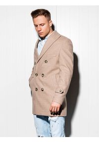 Ombre Clothing - Płaszcz męski oversize - beżowy C429 - XL. Kolor: beżowy. Materiał: poliester, wiskoza. Sezon: wiosna. Styl: elegancki