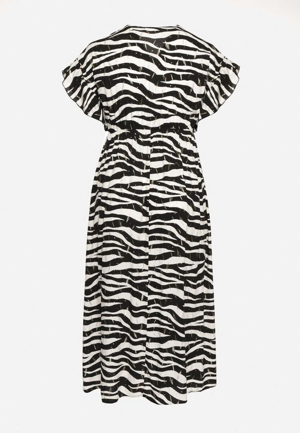 Born2be - Czarno-Biała Kopertowa Sukienka z Wiskozy z Gumką w Talii Vikirea. Okazja: na co dzień. Typ kołnierza: dekolt w kształcie V. Kolor: czarny. Materiał: wiskoza. Długość rękawa: krótki rękaw. Typ sukienki: kopertowe. Styl: casual, elegancki