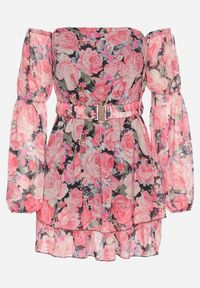 Born2be - Czarna Wiskozowa Sukienka Hiszpanka z Falbanami i Paskiem w Kwiaty Virmoi. Okazja: na co dzień, na spacer. Typ kołnierza: dekolt hiszpanka. Kolor: czarny. Materiał: wiskoza. Wzór: kwiaty. Typ sukienki: proste. Styl: casual #3