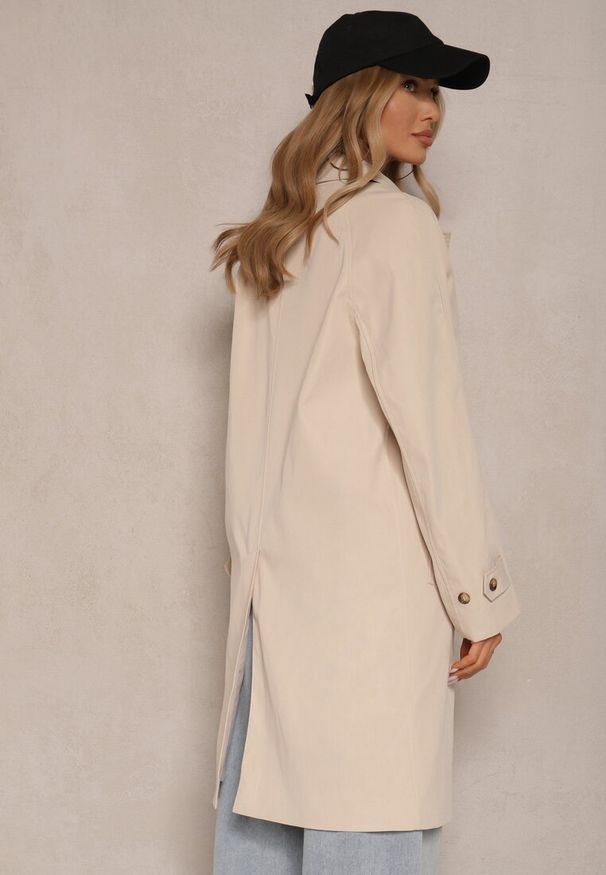 Renee - Beżowy Jednorzędowy Płaszcz Ozdobiony Kołnierzykiem Ronisya. Okazja: na co dzień. Kolor: beżowy. Materiał: jeans. Wzór: aplikacja. Styl: casual, klasyczny