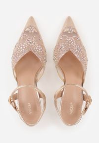 Born2be - Szampańskie Czółenka na Szpilce VICES z Siateczkową Cholewką z Brokatem i Cyrkoniami Venbanise. Okazja: na komunię, na wesele, na ślub cywilny. Zapięcie: sprzączka. Kolor: złoty. Materiał: tiul. Szerokość cholewki: normalna. Wzór: aplikacja. Obcas: na szpilce. Styl: klasyczny, elegancki #8