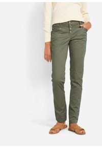 bonprix - Spodnie z bawełny ze stretchem z efektem kreszowania. Kolor: zielony. Materiał: bawełna #1