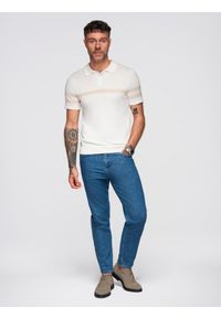 Ombre Clothing - Męska koszulka polo z miękkiej dzianiny z kontrastowymi pasami - kremowa V3 - Rozmiar: XL. Okazja: na co dzień. Typ kołnierza: polo. Kolor: kremowy. Materiał: dzianina. Długość: krótkie. Wzór: paski. Styl: casual #5