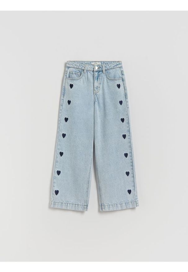 Reserved - Jeansy wide leg z haftem - niebieski. Kolor: niebieski. Wzór: haft