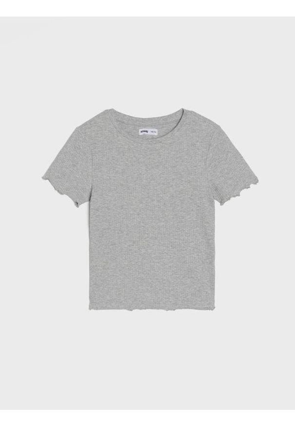 Sinsay - Prążkowana koszulka z ozdobnymi falbankami - szary. Typ kołnierza: kołnierz z falbankami. Kolor: szary. Materiał: prążkowany