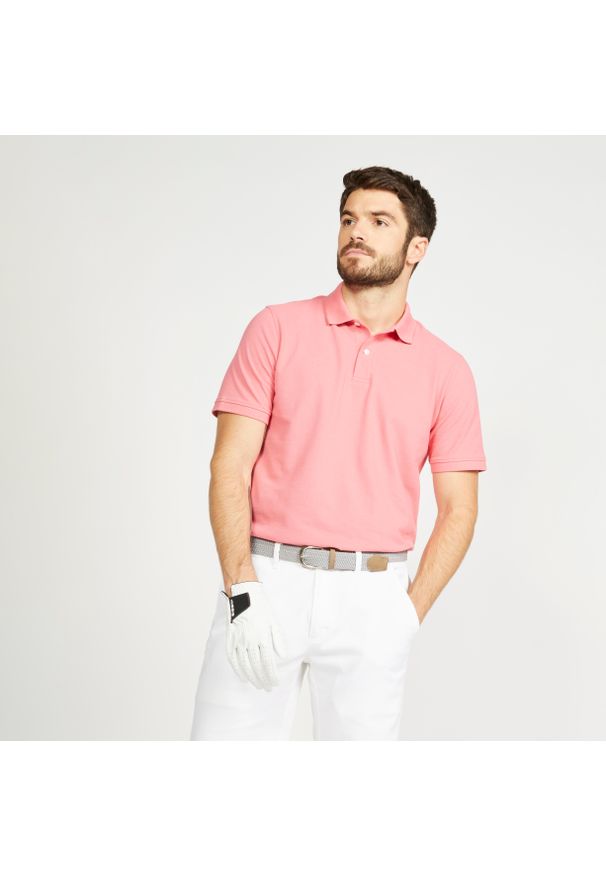 INESIS - Koszulka polo do golfa męska Inesis MW500. Typ kołnierza: golf, polo. Kolor: różowy. Materiał: poliester, bawełna, materiał. Wzór: ze splotem. Styl: klasyczny