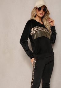 Renee - Czarny Welurowy Komplet Dresowy Bluza i Joggery z Wzorem w Panterkę Xorienta. Kolor: czarny. Materiał: welur, dresówka. Wzór: motyw zwierzęcy #5