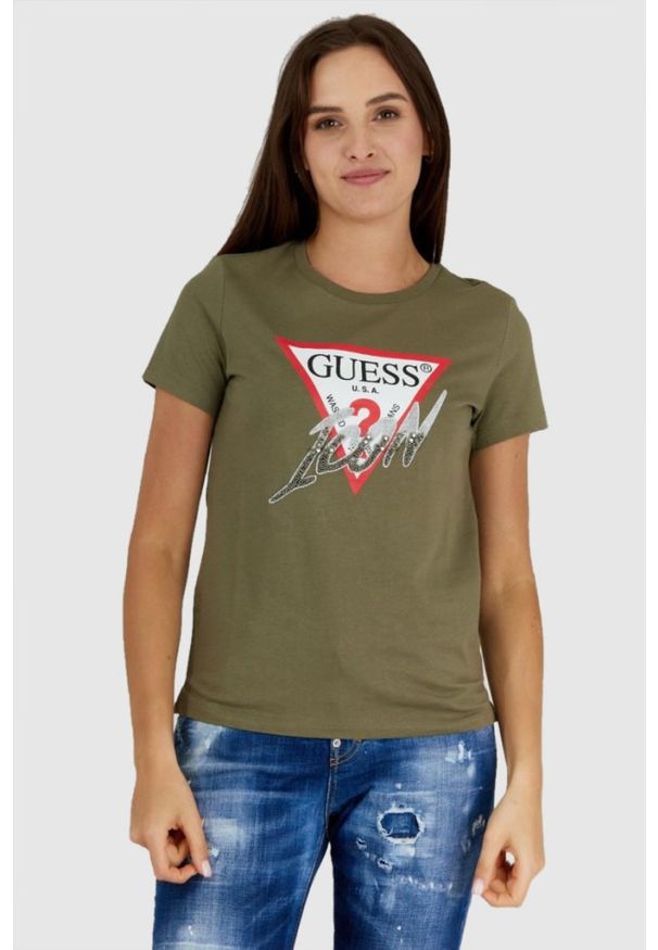Guess - GUESS Zielony t-shirt damski bawełniany icon, Rozmiar M. Kolor: zielony. Materiał: bawełna