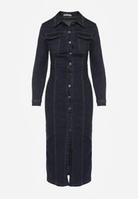 Renee - Granatowa Taliowana Sukienka Jeansowa o Koszulowym Fasonie Nezavia. Kolor: niebieski. Materiał: jeans. Typ sukienki: koszulowe. Styl: elegancki. Długość: midi #8